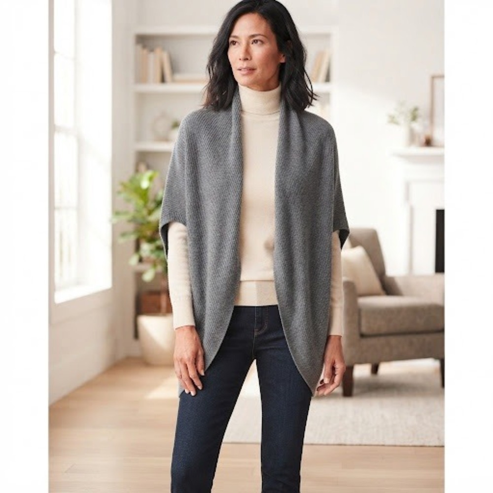 Talbots Gray Ribbed Open Front Cardigan Poncho Shawl Collar Medium Transitional